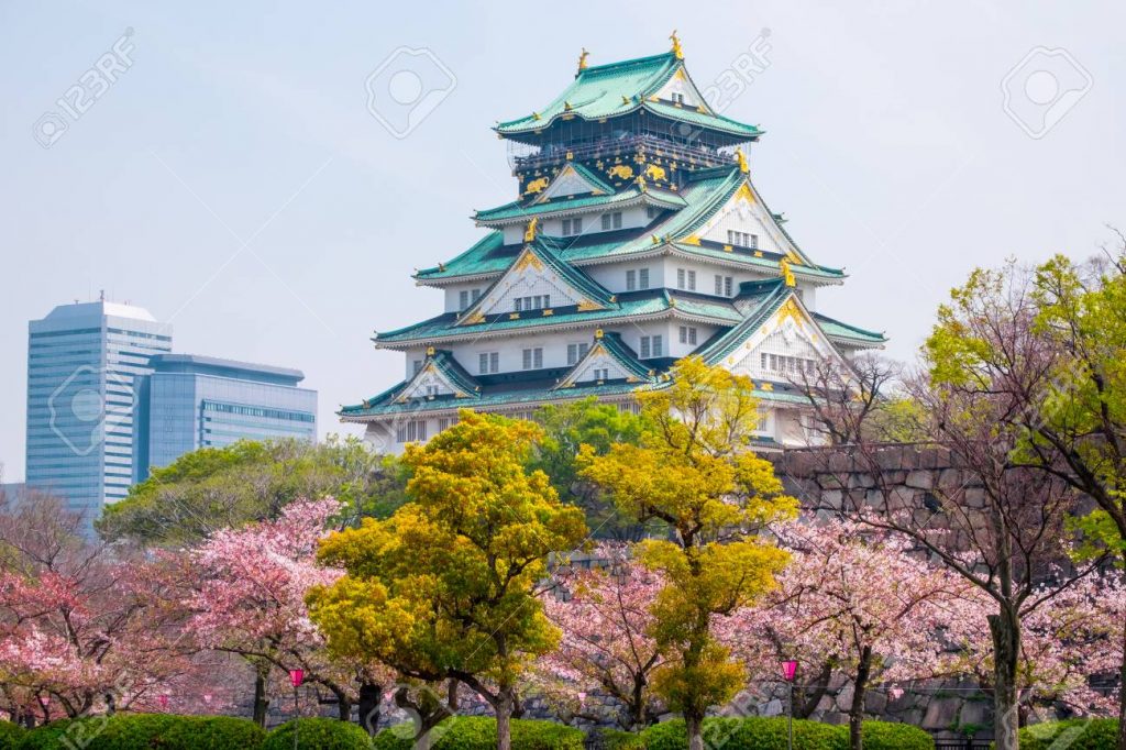 Osaka castle with cherry blossom. Japanese spring beautiful scene